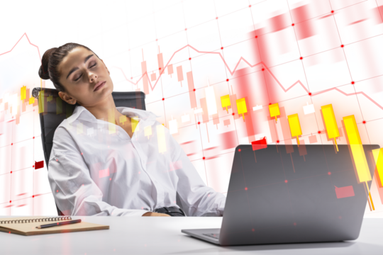A person sleeping in an office chair with a laptop, overlay of financial graph on a white background, concept of stock market analysis