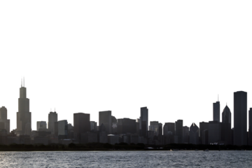 Silhouette of the Chicago city skyline against a white background, concept of urban cityscape