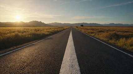Asphalt road with white arrow sign and today to future text goes to horizon Sunshine on horizon and the road strigt away forward Clear and positive perspectives ahead.