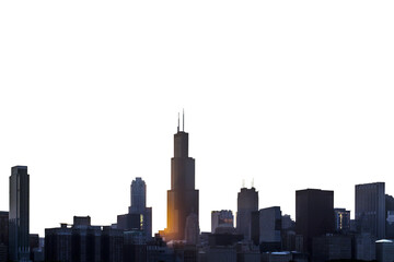 The Chicago city skyline at sunset with a glowing sun behind skyscrapers on a white background,...