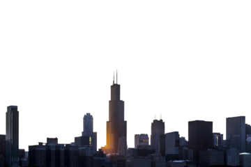 The Chicago city skyline at sunset with a glowing sun behind skyscrapers on a white background, perfect for design templates