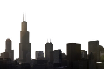 Silhouettes of Chicago skyline with prominent skyscrapers against a light sky, isolated on a white...