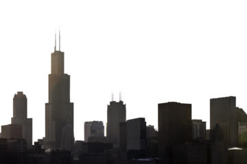 Silhouettes of Chicago skyline with prominent skyscrapers against a light sky, isolated on a white background, concept of urban cityscape