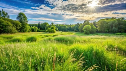 Fototapeta premium Lush meadow filled with long blade wild green grass , nature, field, growth, meadow, tall, wild, green, grass, lush, blades