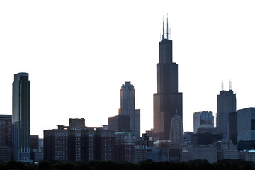 Chicago city skyline during sunset on a white background, with clear silhouette of the buildings and soft light