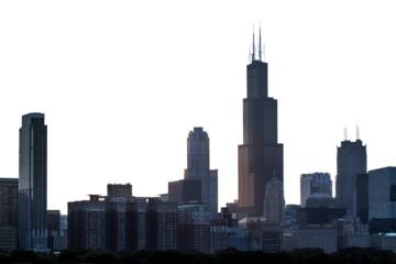 Chicago city skyline during sunset on a white background, with clear silhouette of the buildings and soft light