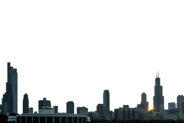 A silhouette of Chicago's city skyline with skyscrapers against a white background, ideal for design or collage elements.