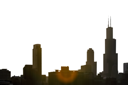 Silhouette of Chicago skyline against a bright white background, concept of cityscapes