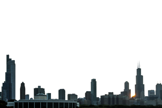 A silhouette of Chicago's city skyline with skyscrapers against a white background, ideal for design or collage elements.