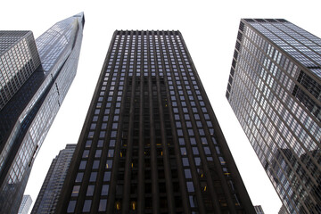 Upward view of tall skyscrapers against a bright sky, showcasing architectural design and the urban cityscape concept