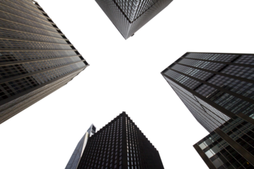 Low angle view of skyscrapers against the sky, urban architectural concept on a light background