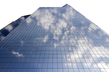 A skyscraper with reflective glass facade against a sky with clouds, concept of modern architecture
