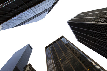 Worm's-eye view of skyscrapers stretching into a clear sky, depicting the modern cityscape on a light background, emphasizing urban architecture