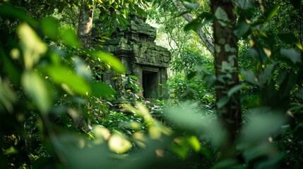 A hidden temple peeking through the dense foliage, hinting at the rainforests ancient history.