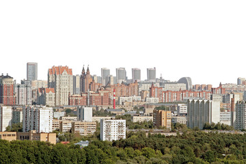 Fototapeta premium Moscow city skyline view dominated by residential and commercial buildings, situated above a forested area, on a clear, white background