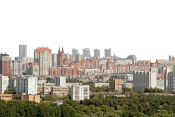 Moscow city skyline view dominated by residential and commercial buildings, situated above a forested area, on a clear, white background
