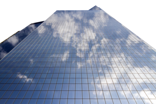 A skyscraper with reflective glass facade against a sky with clouds, concept of modern architecture