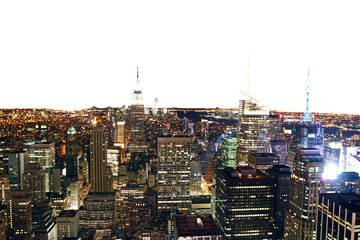 Obraz premium New York City skyline at night with illuminated skyscrapers on a dark background, showcasing the bustling urban landscape