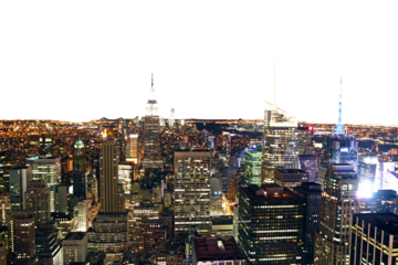 New York City skyline at night with illuminated skyscrapers on a dark background, showcasing the bustling urban landscape
