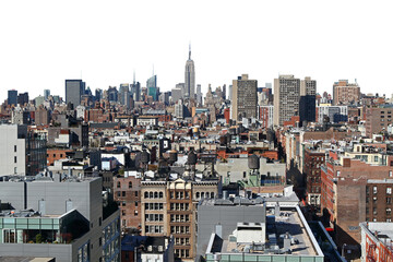 A panoramic view of New York City's dense skyline with clear skies in the background, embodying the urban landscape