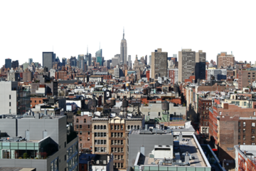 A panoramic view of New York City's dense skyline with clear skies in the background, embodying the urban landscape