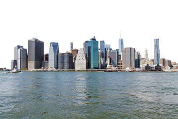 Fototapeta premium Manhattan skyline viewed from the water with a clear blue sky background, showcasing various skyscrapers