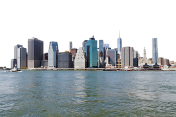 Manhattan skyline viewed from the water with a clear blue sky background, showcasing various skyscrapers