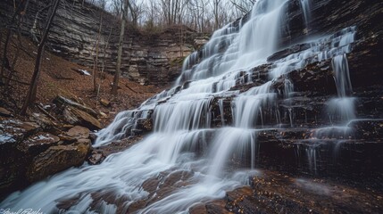 A long exposure photo capturing the smooth, silky texture of water cascading down a cliff face during a waterfall.