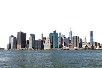 A panoramic view of the Manhattan skyline with skyscrapers, set against a clear sky, showing the cityscape from the waterfront