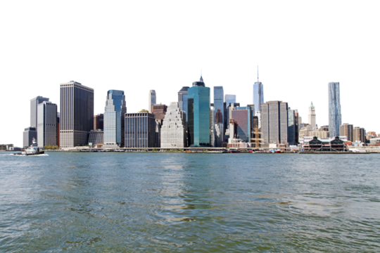 Manhattan skyline viewed from the water with a clear blue sky background, showcasing various skyscrapers