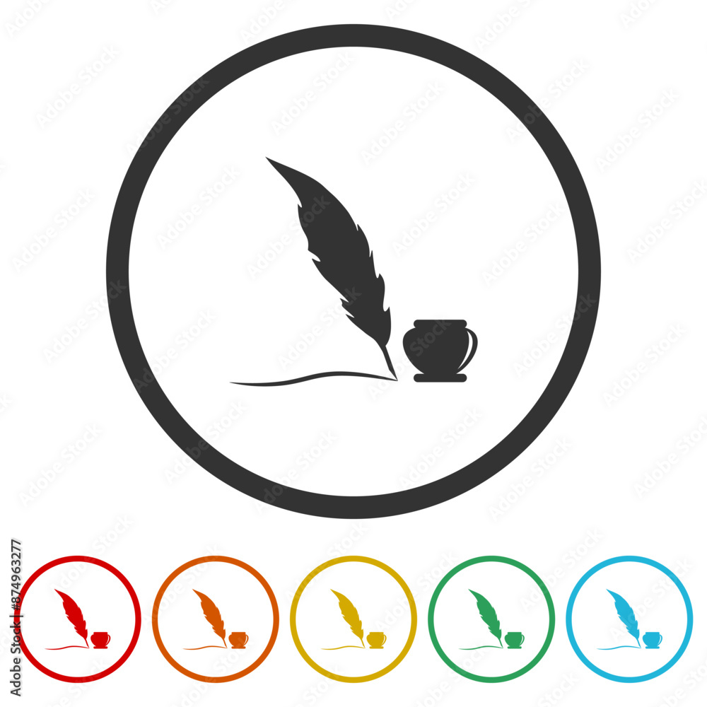Poster feather quill pen icon. set icons in color circle buttons