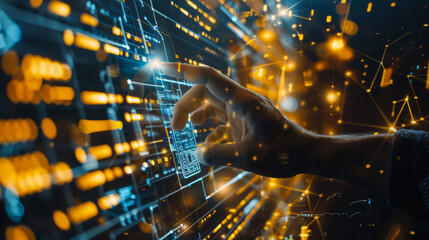 A person is typing on a laptop with a glowing screen. Concept of technology and productivity