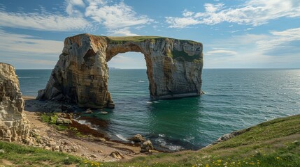 Fototapeta premium A natural arch formation created by erosion, standing tall against the backdrop of a dramatic coastline.