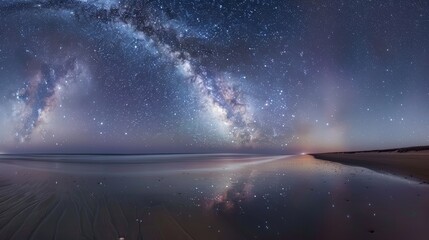 A panoramic view of a deserted beach at night, with the Milky Way galaxy reflected on the calm ocean water.