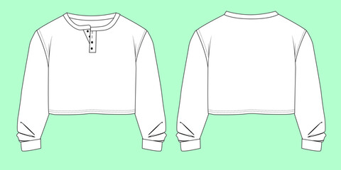 henley long sleeve crop t-shirt flat sketch vector. 