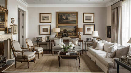 Fototapeta premium Elegant living room featuring a unique gallery wall, sophisticated furniture, and a blend of modern and vintage decor.