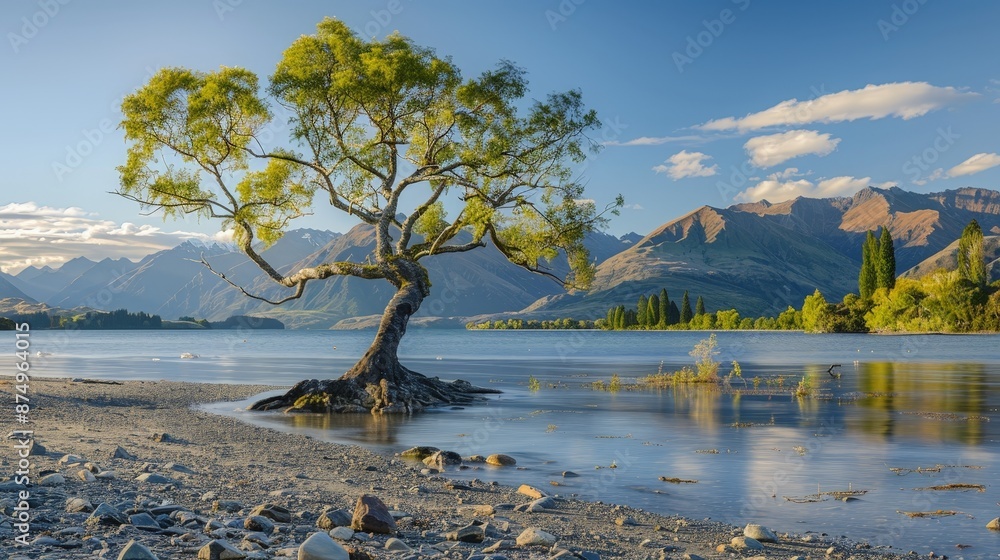 Poster The Wanaka tree, rooted in the serene waters of Lake Wanaka, glows in the early morning light, surrounded by the stunning scenery of Wanaka, New Zealand.