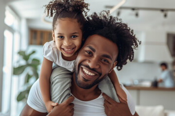 Smiling father carrying his daughter on his shoulders.