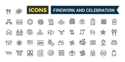 Firework and Celebration icons set. Outline icons pack. Editable vector line icon set and illustration for web and UI application.