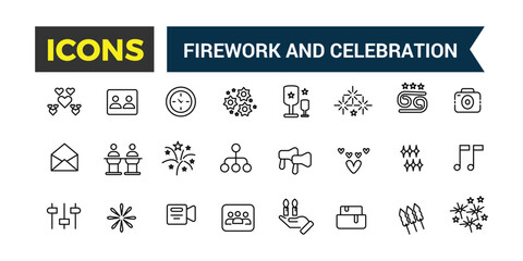 Firework and Celebration icons set. Outline icons pack. Editable vector line icon set and illustration for web and UI application.
