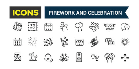 Firework and Celebration icons set. Outline icons pack. Editable vector line icon set and illustration for web and UI application.