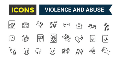 Violence and Abuse icons collection. Outline icons pack. Editable vector line icon set and illustration for web and UI application.