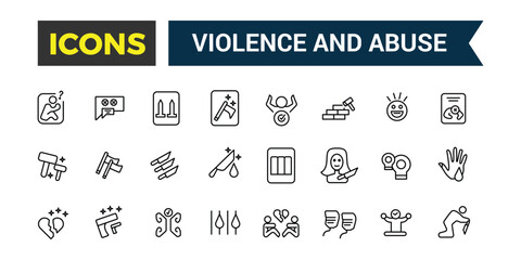 Violence and Abuse icons collection. Outline icons pack. Editable vector line icon set and illustration for web and UI application.