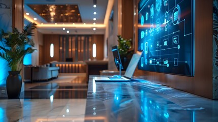 Virtual Concierge Service in Luxury Hotel Assisting Guests Using Advanced Communication Tools and Technology Concept