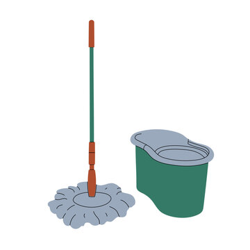 recommend clip art: Clean floor mop with stick handle and bucket. Cleaning tool, washing rag, dust wiper, brush on pole. Housework, housecleaning item icon. Flat graphic vector illustration isolated on white background