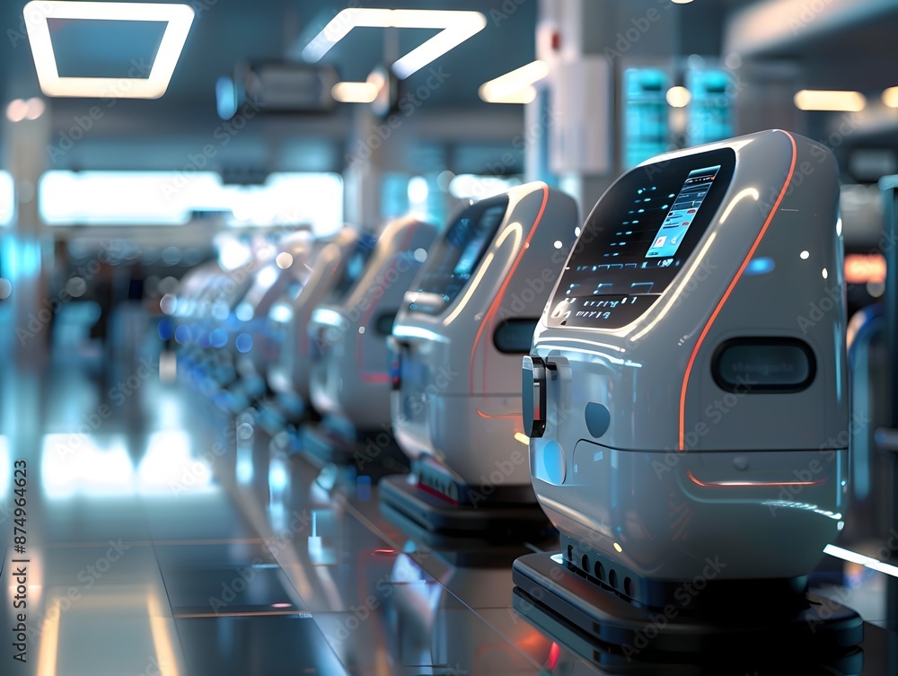 Poster futuristic airport with advanced check in kiosks biometric security and automated baggage handling s