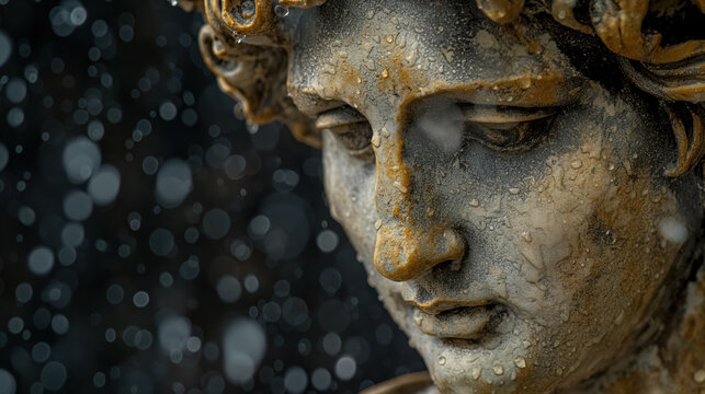 Close-up of a weathered stone statue's face with intricate details, against a dark background with bokeh effect, creating a moody and contemplative atmosphere