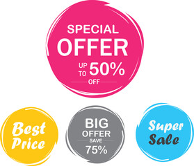 Set of sale tags. Grunge brush stroke circle set, badges and banners. special offer, best price, big offer, super sale. Banners and stickers. Vector illustration.