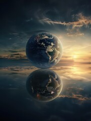 the earth is reflected in water at sunset