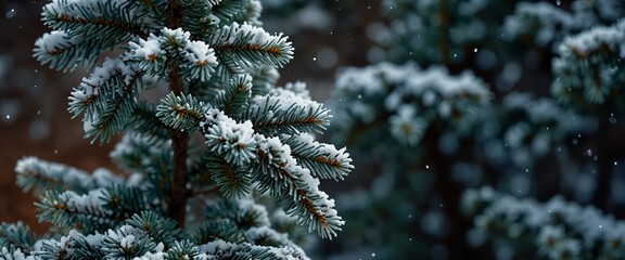 Winter tree holiday snow background Blue spruce, Christmas and New Year tree border art design, abstract blue backdrop with snow, widescreen.